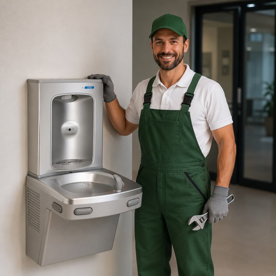 Technicien P2O devant une fontaine à boire murale avec remplisseur, clé en main