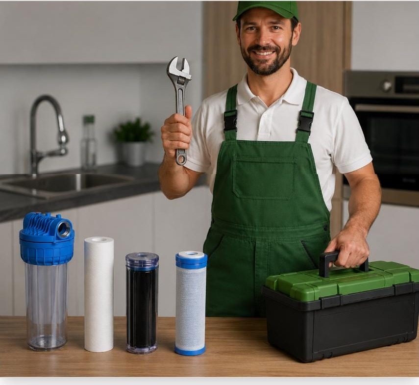 Technicien P2O souriant, clé en main, avec cartouches de filtration et coffre à outils